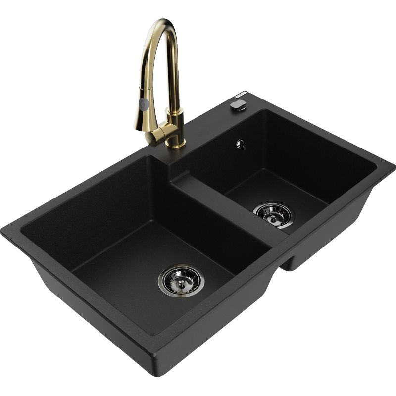 Zlewozmywak granitowy 2-komorowy Mexen Tomas z baterią kuchenną Elia czarny 6516-77-670101-50-B