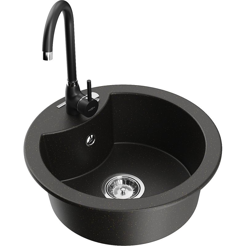 Zlewozmywak granitowy 1-komorowy Mexen Elias z ociekaczem i baterią kuchenną Aster beżowy - 6511-69-73450-07 1 szt.