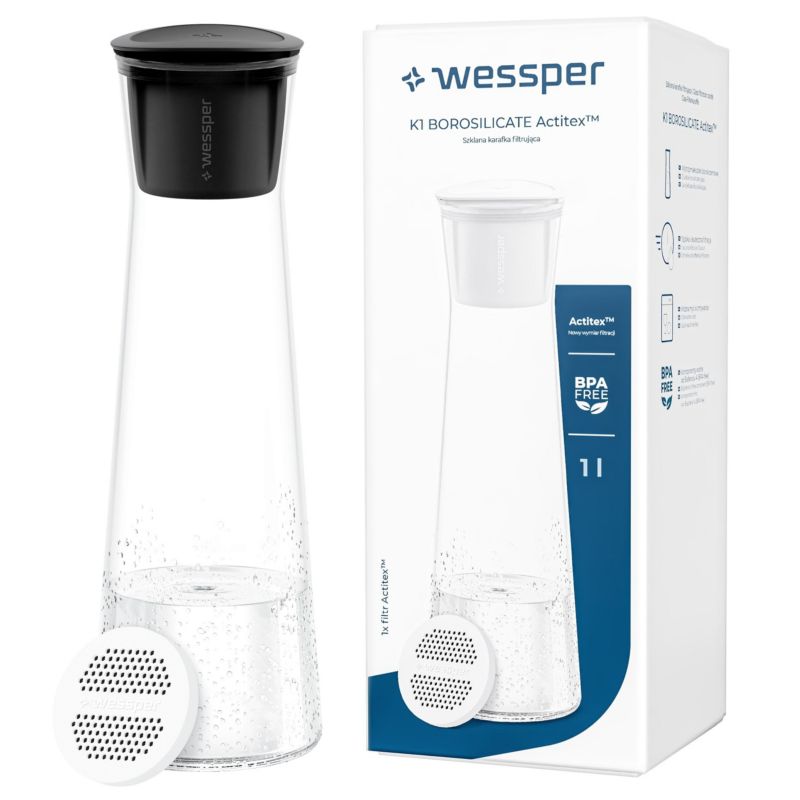 Karafka filtrująca, Wessper, szklana, 1L, z filtrem do wody, czarna, zestaw 2szt