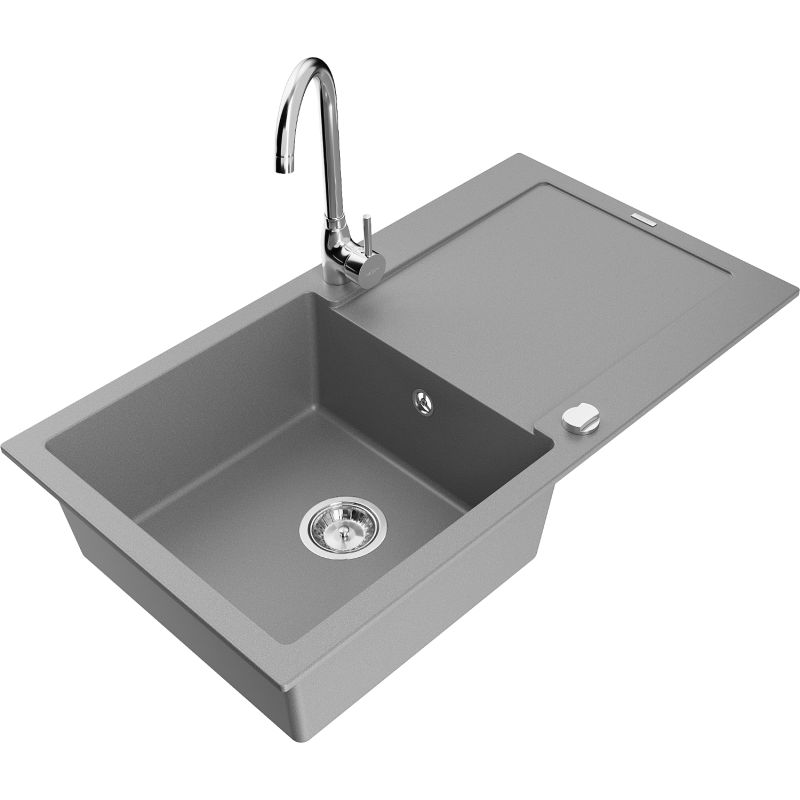 Zlewozmywak granitowy 1-komorowy Mexen Leo z ociekaczem i baterią kuchenną Telma szary 6501-71-670200-00