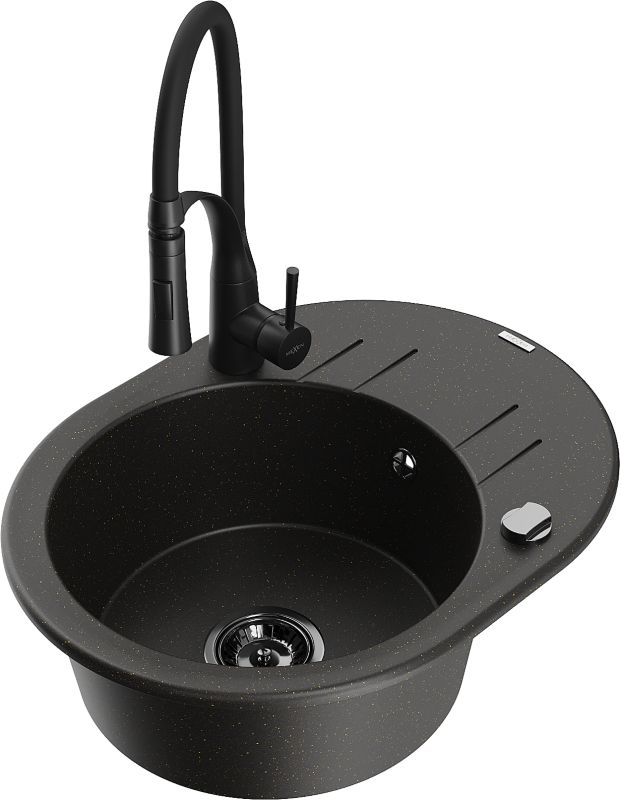 Zlewozmywak granitowy Mexen Kevin 1-komorowy z ociekaczem i baterią kuchenną Carla czarny - 6517-76-670700-76 1 szt.