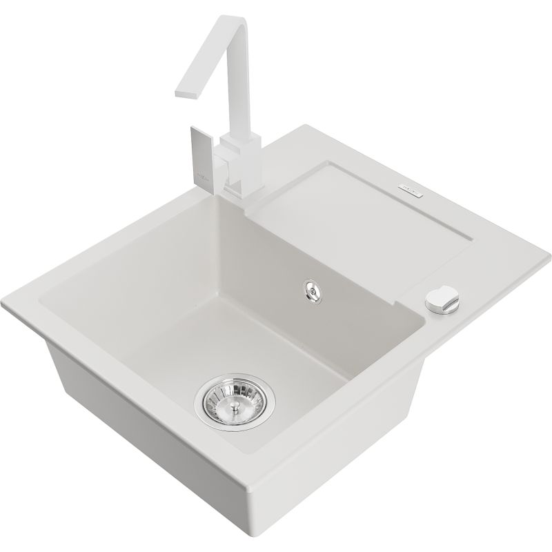 Zlewozmywak granitowy 1-komorowy Mexen Enzo z ociekaczem i baterią kuchenną Rita biały 6506-20-670300-20