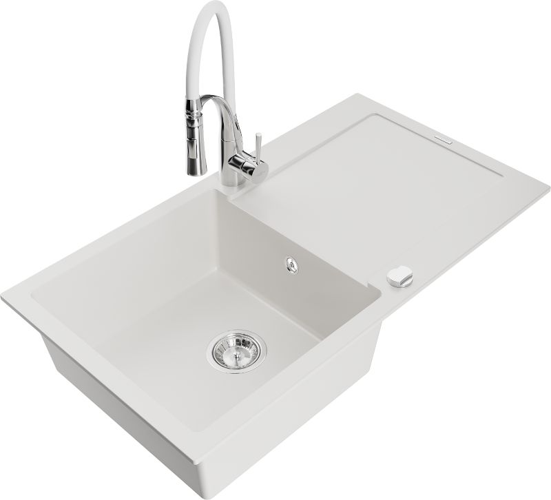 Zlewozmywak granitowy Mexen Leo 1-komorowy z ociekaczem i baterią kuchenną Aster biały - 6501-20-73450-70-B 1 szt.