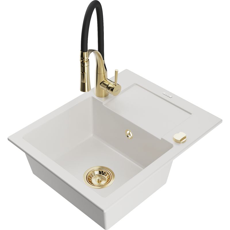 Zlewozmywak granitowy 1-komorowy Mexen Enzo z ociekaczem i baterią kuchenną Aster biały 6506-20-73450-57-G