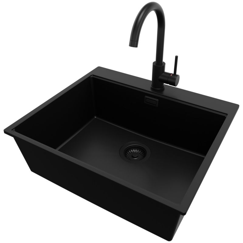 Zlewozmywak Granitowy Oslo PRIMAGRAN Nablatowy 58x50cm do szafki od 60cm z Syfonem i Baterią Cały Czarny 1 szt.