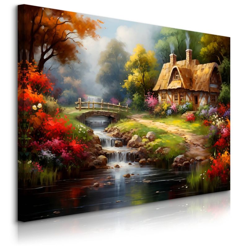 Obraz Muralo Wiejska Chatka Pejzaż Kwiaty Las 90x60 cm 1 szt.