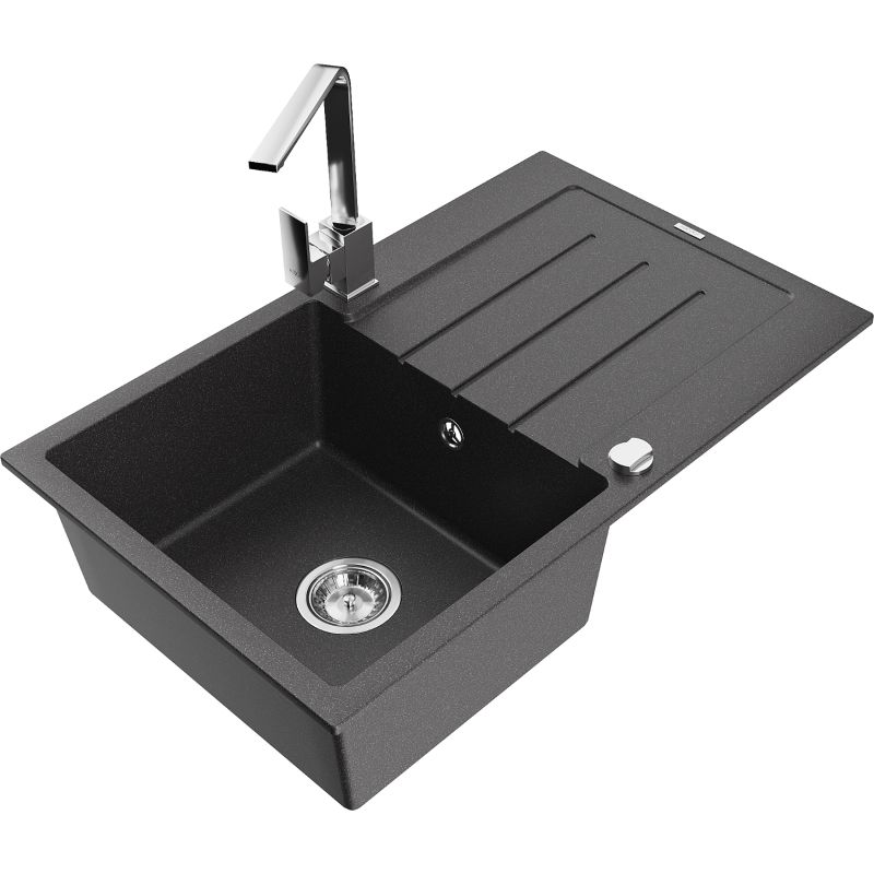 Zlewozmywak granitowy 1-komorowy Mexen Bruno z ociekaczem i baterią kuchenną Rita czarny nakrapiany 6513-76-670300-00