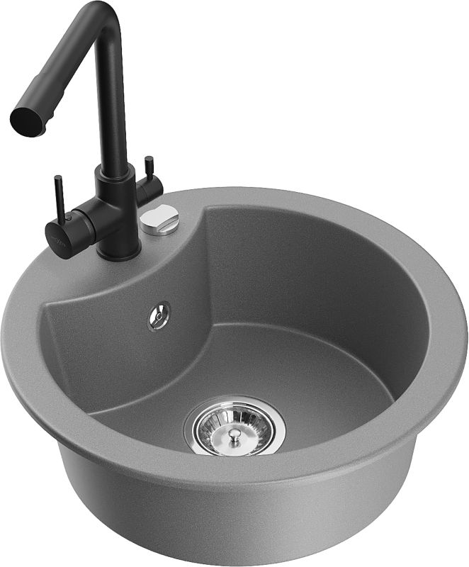 Zlewozmywak granitowy Mexen Diego 1-komorowy z baterią kuchenną Duero szary 6512-71-671600-70