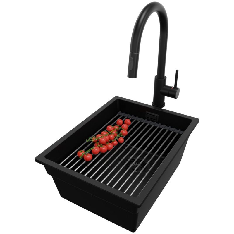 Zlewozmywak Granitowy Praga Slim PRIMAGRAN Nablatowy 36x47cm do szafki od 40cm z Syfonem i Baterią i Dodatkiem Cały Czarny 1 szt.