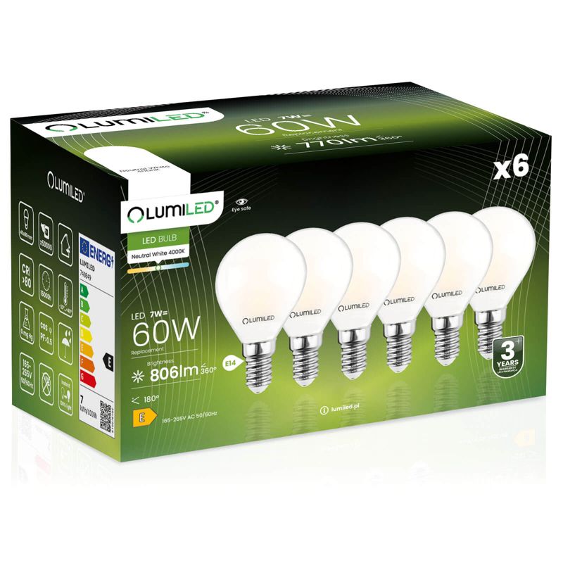 Żarówka LED LUMILED E14 P45 7W 806lm 4000K 360st FILAMENT 6 szt.
