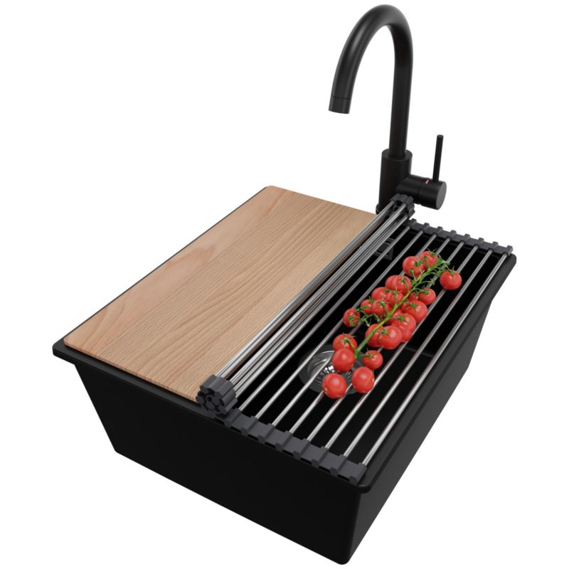 Zlewozmywak Granitowy Londyn Slim PRIMAGRAN Nablatowy 41x47cm do szafki od 45cm z Syfonem i Baterią i Dodatkiem Czarny 1 szt.