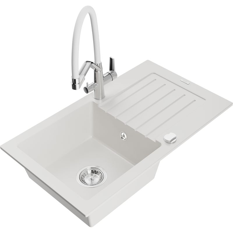 Zlewozmywak granitowy 1-komorowy Mexen Pablo z ociekaczem i baterią kuchenną Duo biały 6510-20-671701-02