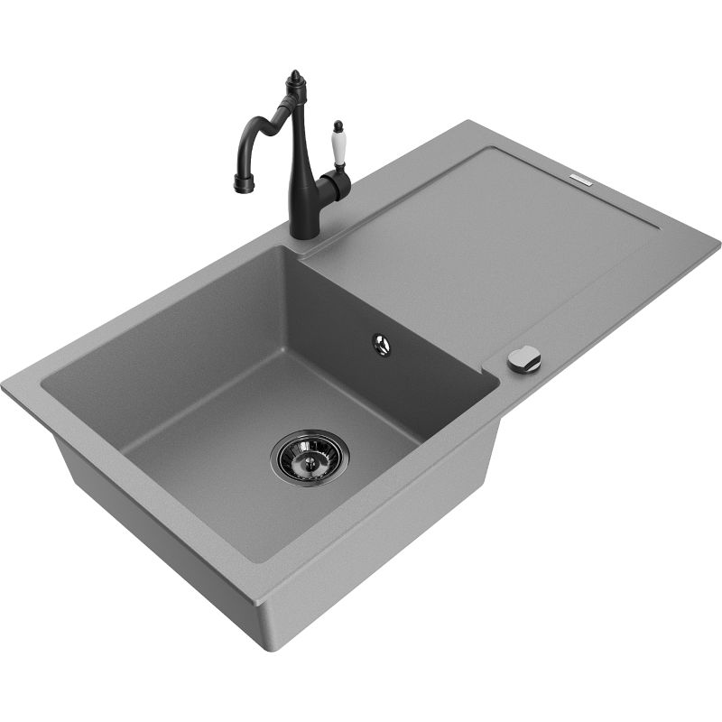 Zlewozmywak granitowy 1-komorowy Mexen Leo z ociekaczem i baterią kuchenną Carla szary 6501-71-670700-70-B
