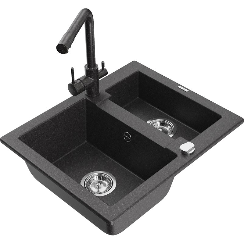 Zlewozmywak granitowy 1.5-komorowy Mexen Carlos z baterią kuchenną Duero czarny/srebrny metalik - 6518-73-671600-70-B 1 szt.