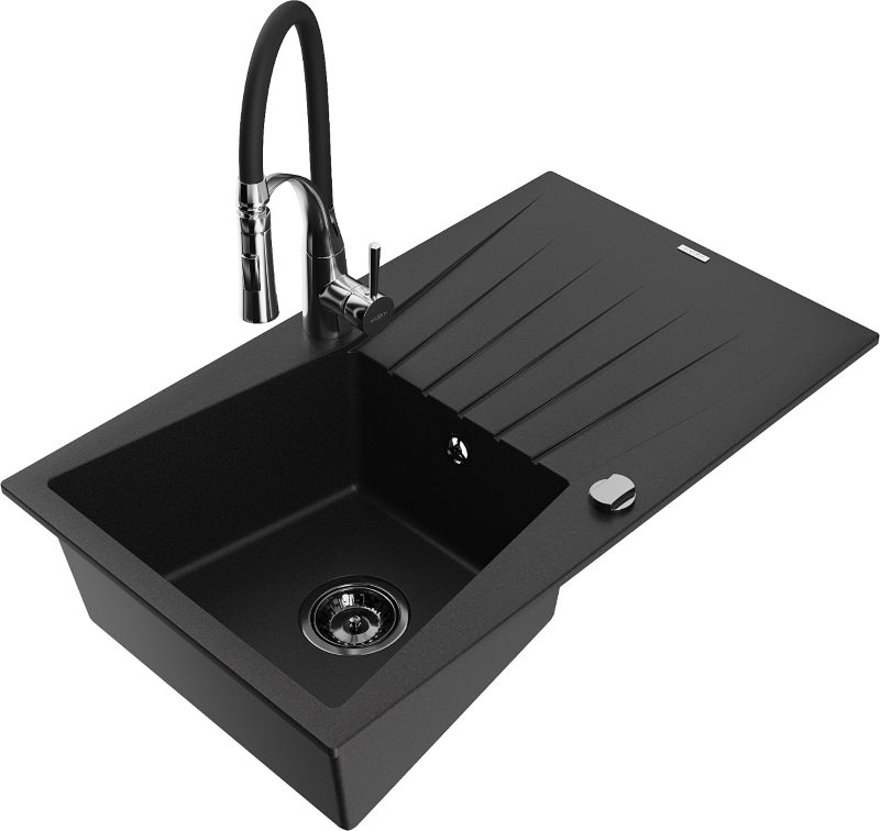 Zlewozmywak granitowy Mexen Cesar 1-komorowy z ociekaczem i baterią kuchenną Carla czarny - 6514-77-670700-50-B 1 szt.