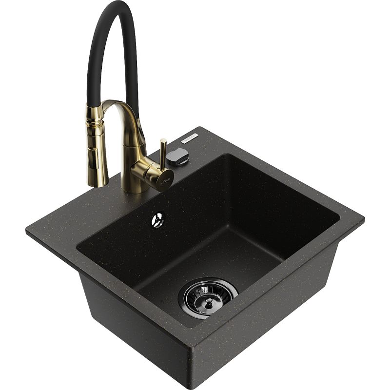 Zlewozmywak granitowy 1-komorowy Mexen Milo z baterią kuchenną Aster czarny/złoty metalik 6505-75-73450-57-B