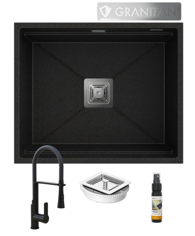 Zlewozmywak Podwieszany Granitan Epir 60 Czarny Z Złotymi Drobinkami Zestaw Zlew Bateria Vegas Czarna Syfon 1 kpl.