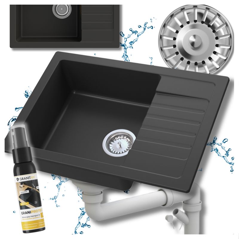 Zlewozmywak Granitowy Kuchenny Granitan Argos Jednokomorowy z ociekaczem i syfonem 1kpl.