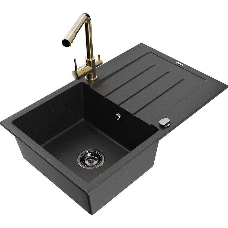 Zlewozmywak granitowy 1-komorowy Mexen Bruno z ociekaczem i baterią kuchenną Duero czarny/złoty metalik 6513-75-671600-50-B