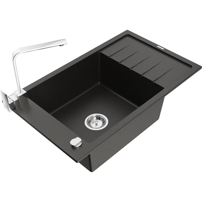 Zlewozmywak granitowy 1-komorowy Mexen Elias z ociekaczem i baterią Rita czarny/srebrny metalik - 6511-73-670300-70-B 1 szt.