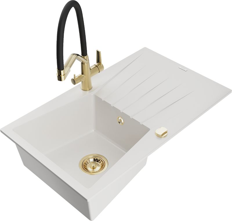 Zlewozmywak granitowy Mexen Cesar 1-komorowy z ociekaczem i baterią kuchenną Duo biały 6514-20-671701-57-G