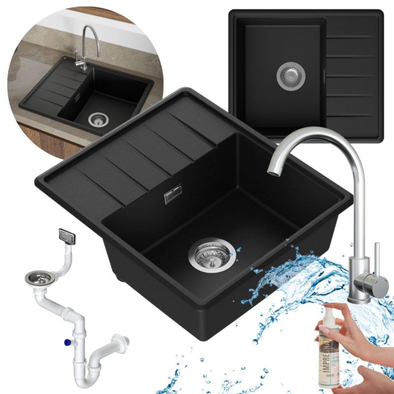 Zestaw zlewozmywak kuchenny GranMaster Fondo 1-komorowy z ociekaczem, baterią, syfon, impregnatem - czarny metalik 1szt.