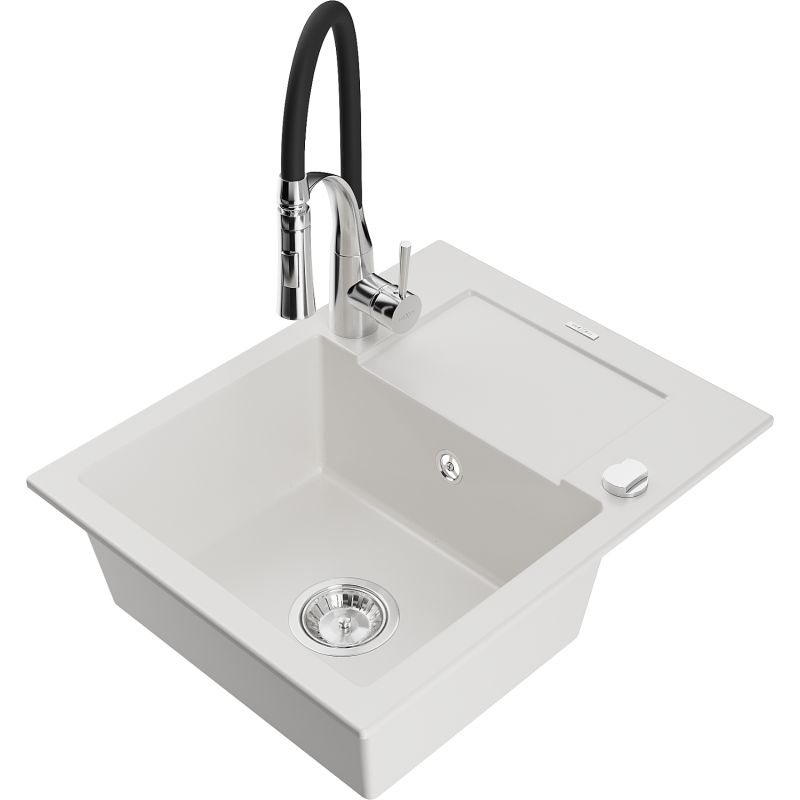 Zlewozmywak granitowy 1-komorowy Mexen Enzo z ociekaczem i baterią kuchenną Aster biały 6506-20-73450-07