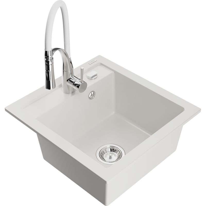Zlewozmywak granitowy 1-komorowy Mexen Vito z baterią kuchenną Aster biały 6503-20-73450-02