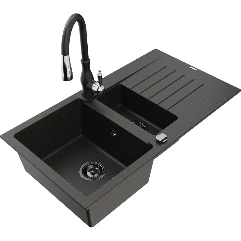 Zlewozmywak granitowy 1.5-komorowy Mexen Matias z ociekaczem i baterią kuchenną Savita szary - 6502-71-672601-00 1 szt.