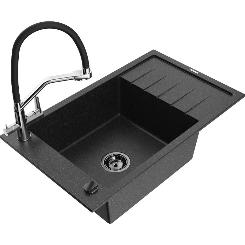 Zlewozmywak granitowy 1-komorowy Mexen Elias z ociekaczem i baterią kuchenną Duo czarny/srebrny metalik 6511-73-671701-07-B