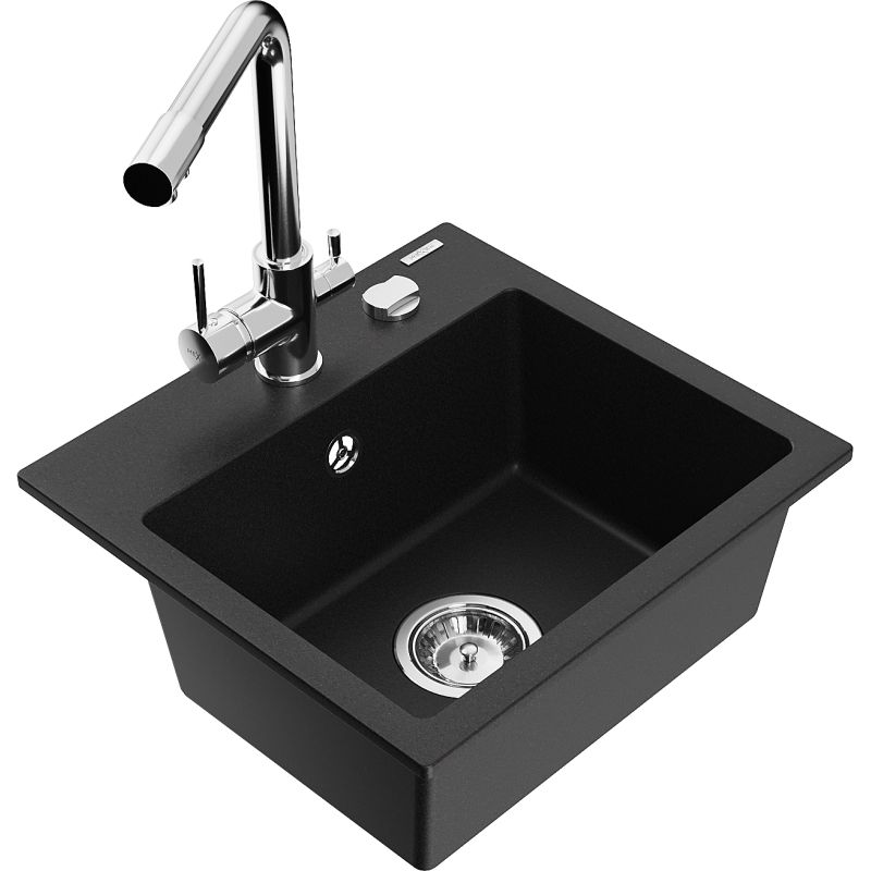 Zlewozmywak granitowy 1-komorowy Mexen Milo z baterią kuchenną Duero czarny - 6505-77-671600-70-B 1 szt.