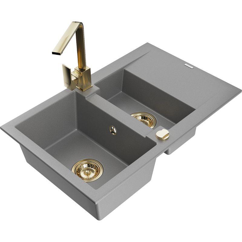 Zlewozmywak granitowy 1.5-komorowy Mexen Gaspar z ociekaczem i baterią kuchenną Rita szary 6507-71-670300-50