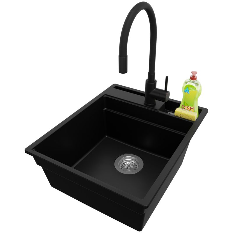 Zlewozmywak Granitowy Oslo Pocket PRIMAGRAN Nablatowy 43x53cm do szafki od 45cm z Syfonem i Baterią Czarny 1 szt.