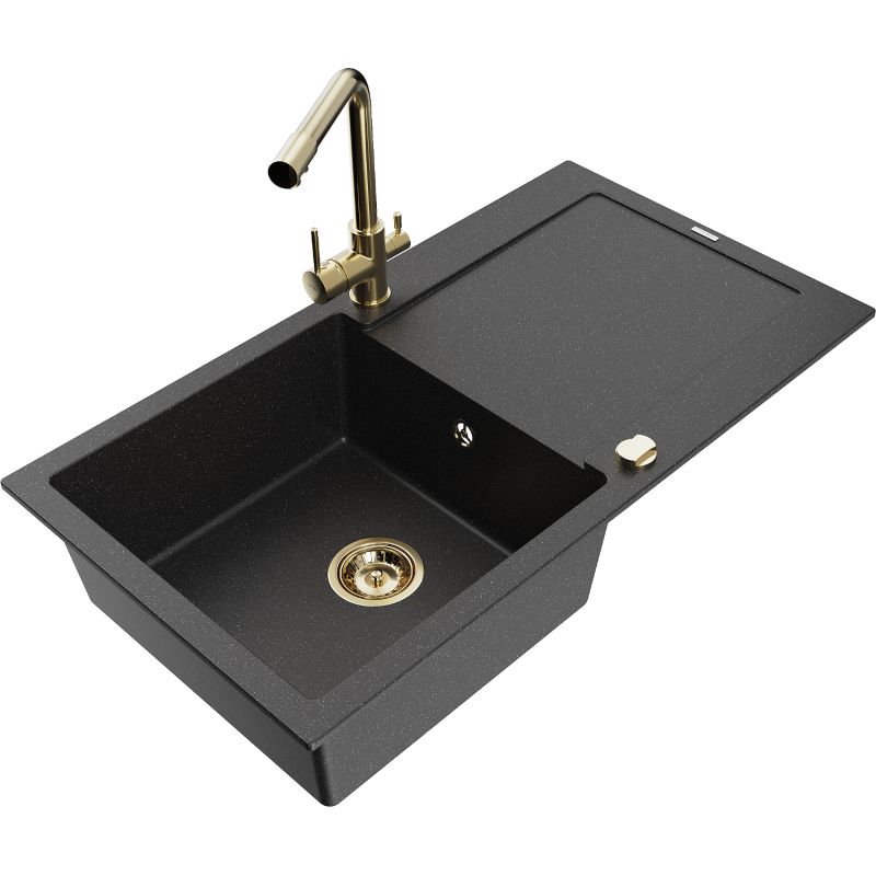 Zlewozmywak granitowy 1-komorowy Mexen Leo z ociekaczem i baterią kuchenną Duero czarny/srebrny metalik 6501-73-671600-50