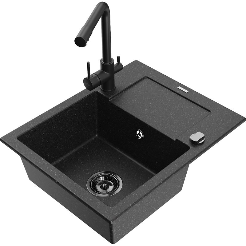 Zlewozmywak granitowy 1-komorowy Mexen Enzo z ociekaczem i baterią kuchenną Duero czarny/srebrny metalik 6506-73-671600-70-B