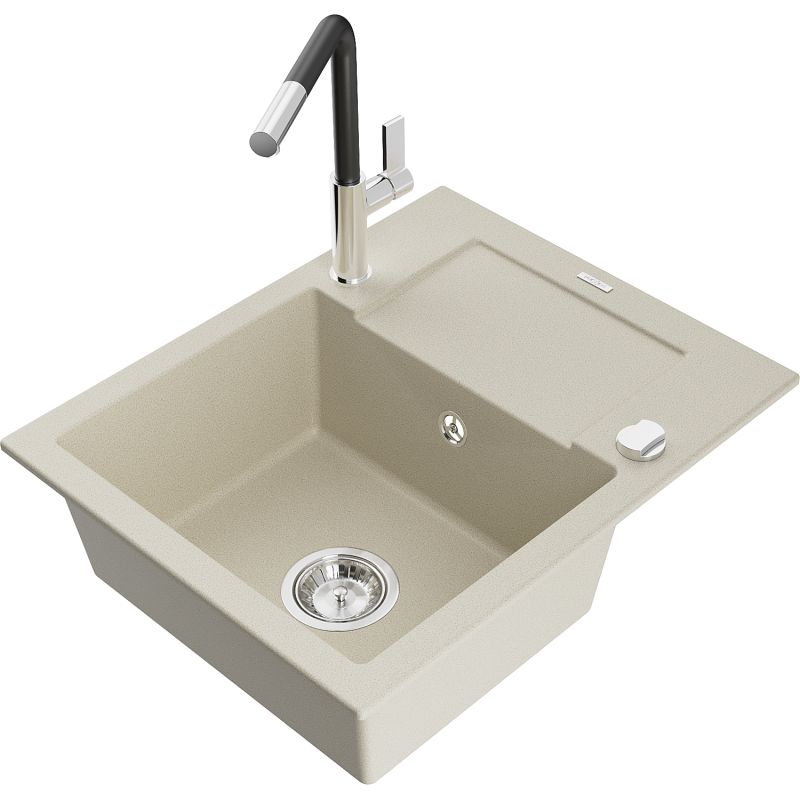 Zlewozmywak granitowy 1-komorowy Mexen Enzo z ociekaczem i baterią kuchenną Flora beżowy - 6506-69-670401-70-B 1 szt.