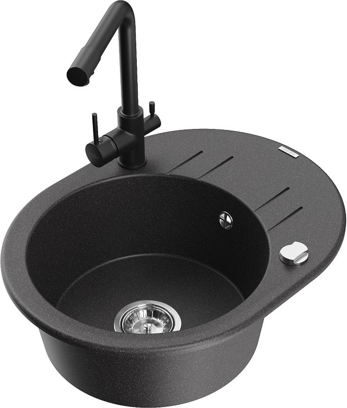 Zlewozmywak granitowy Mexen Kevin 1-komorowy z ociekaczem i baterią kuchenną Duero czarny 6517-76-671600-70