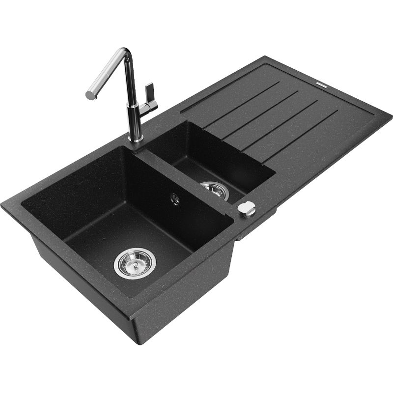 Zlewozmywak granitowy 1.5-komorowy Mexen Andres z ociekaczem i baterią kuchenną Flora czarny/srebrny 6515-73-670401-00