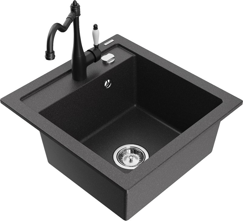 Zlewozmywak granitowy Mexen Vito 1-komorowy z baterią kuchenną Carla czarny 6503-76-670700-70