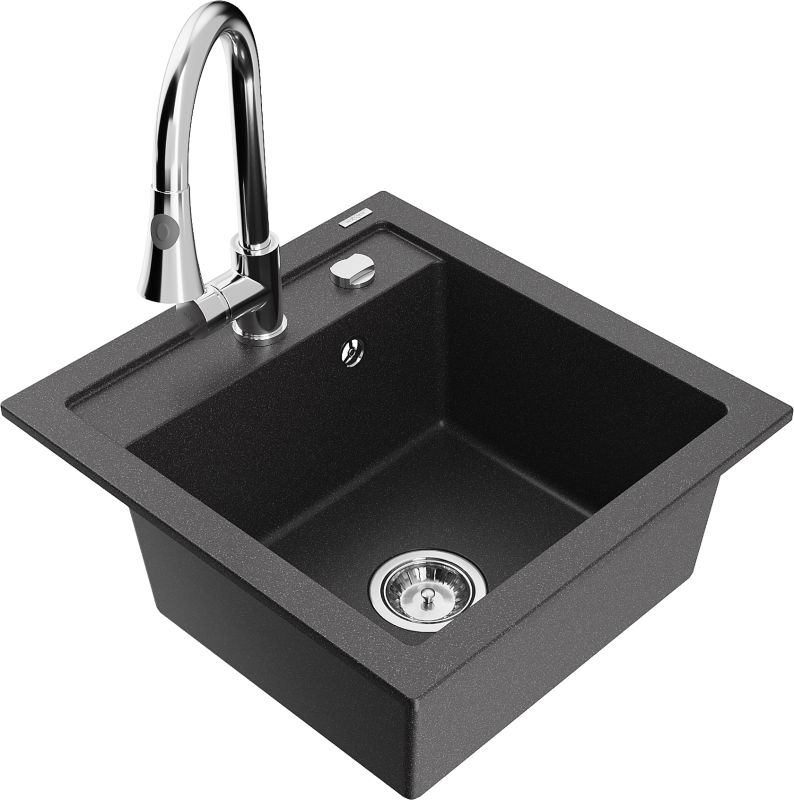 Zlewozmywak granitowy Mexen Vito 1-komorowy z baterią kuchenną Elia czarny 6503-76-670101-00