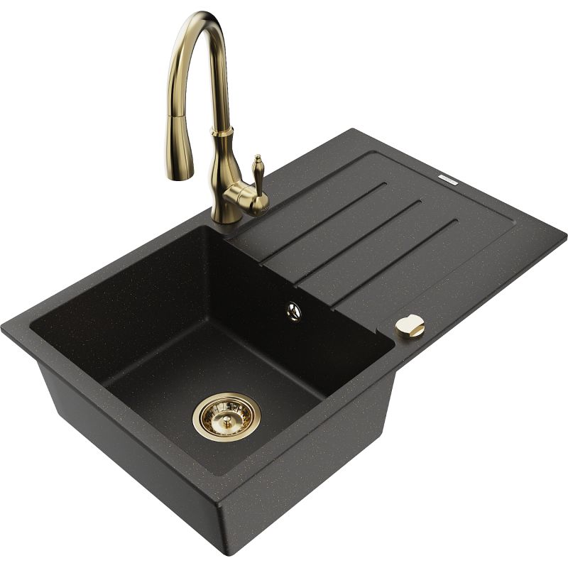 Zlewozmywak granitowy 1-komorowy Mexen Bruno z ociekaczem i baterią kuchenną Savita czarny/złoty metalik 6513-75-672601-50