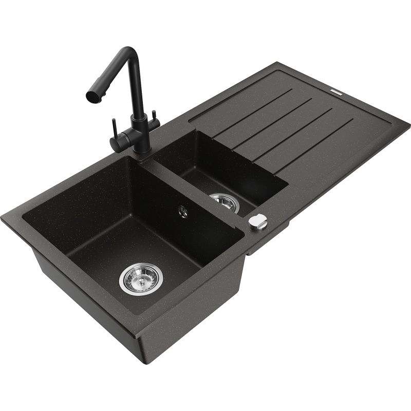 Zlewozmywak granitowy 1.5-komorowy Mexen Andres z ociekaczem i baterią kuchenną Duero szary - 6515-71-671600-71 1 szt.