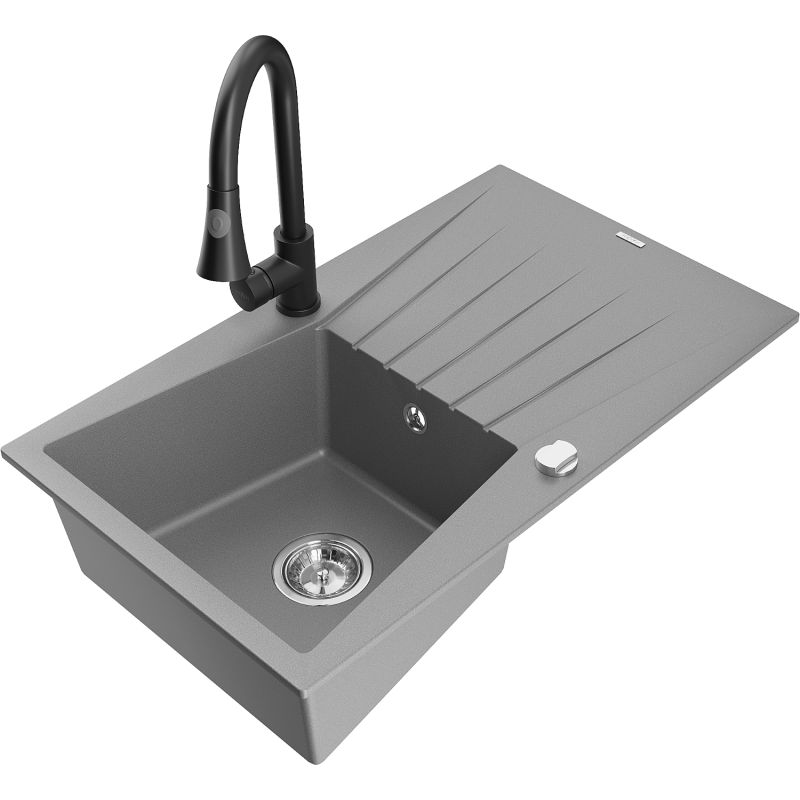 Zlewozmywak granitowy 1-komorowy Mexen Cesar z ociekaczem i baterią kuchenną Elia szary - 6514-71-670101-50 1 szt.