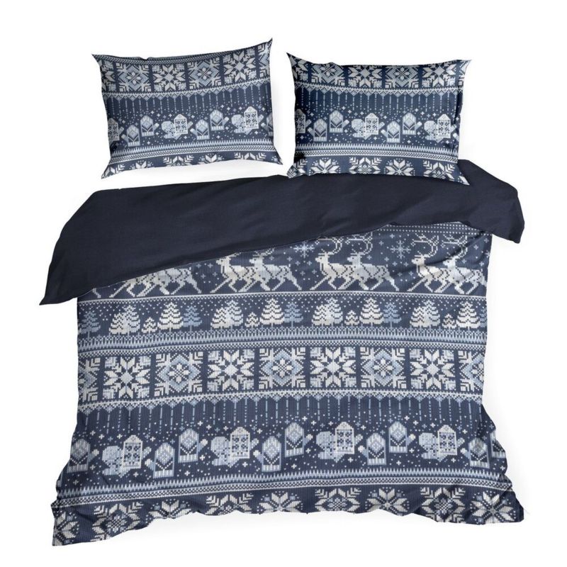Pościel Świąteczna FJORD Eurofirany Bawełniana Granatowa Snieżki 220X200 Cm Kpl.