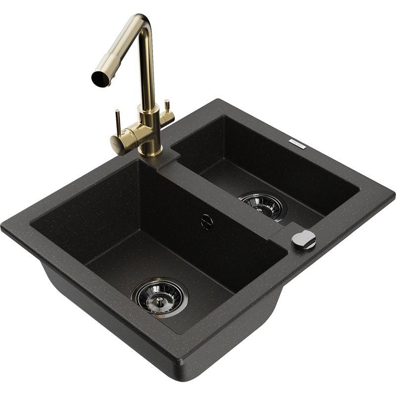 Zlewozmywak granitowy 1.5-komorowy Mexen Carlos z baterią kuchenną Duero czarny/złoty metalik 6518-75-671600-50-B
