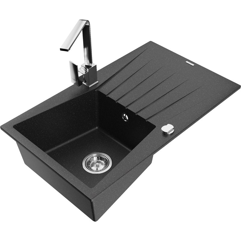 Zlewozmywak granitowy 1-komorowy Mexen Cesar z ociekaczem i baterią kuchenną Rita czarny/srebrny metalik 6514-73-670300-00