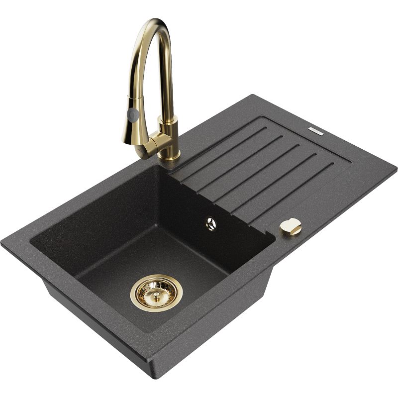 Zlewozmywak granitowy 1-komorowy Mexen Pablo z ociekaczem i baterią kuchenną Elia czarny nakrapiany 6510-76-670101-50