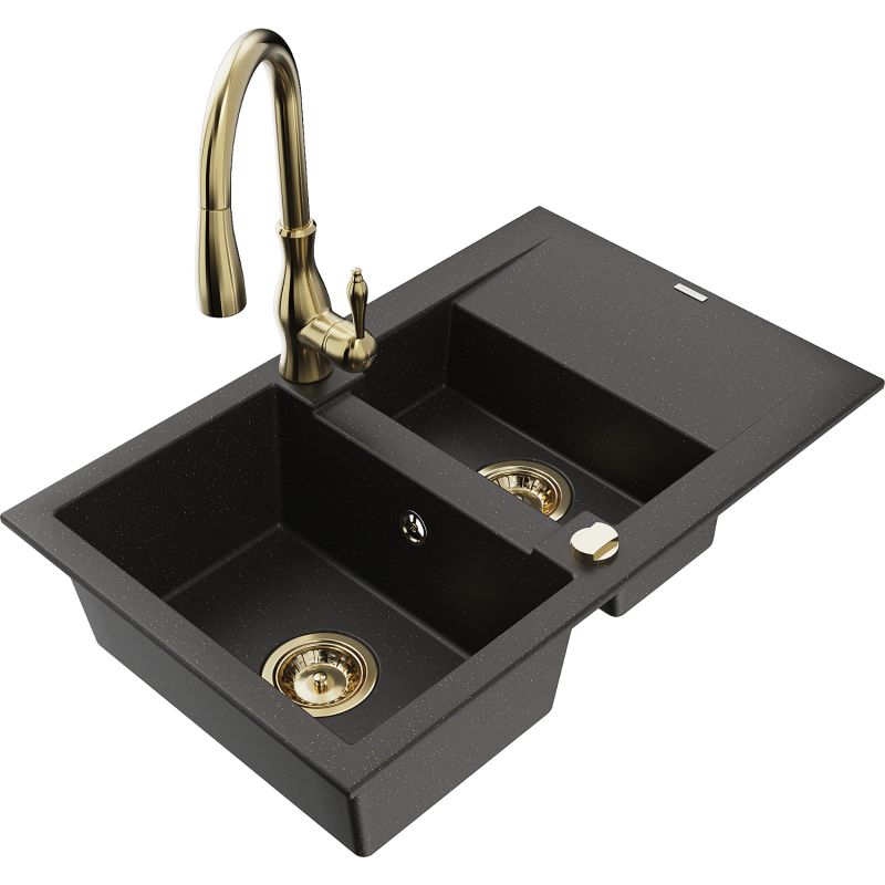 Zlewozmywak granitowy 1.5-komorowy Mexen Gaspar z ociekaczem i baterią kuchenną Savita czarny/złoty 6507-75-672601-50
