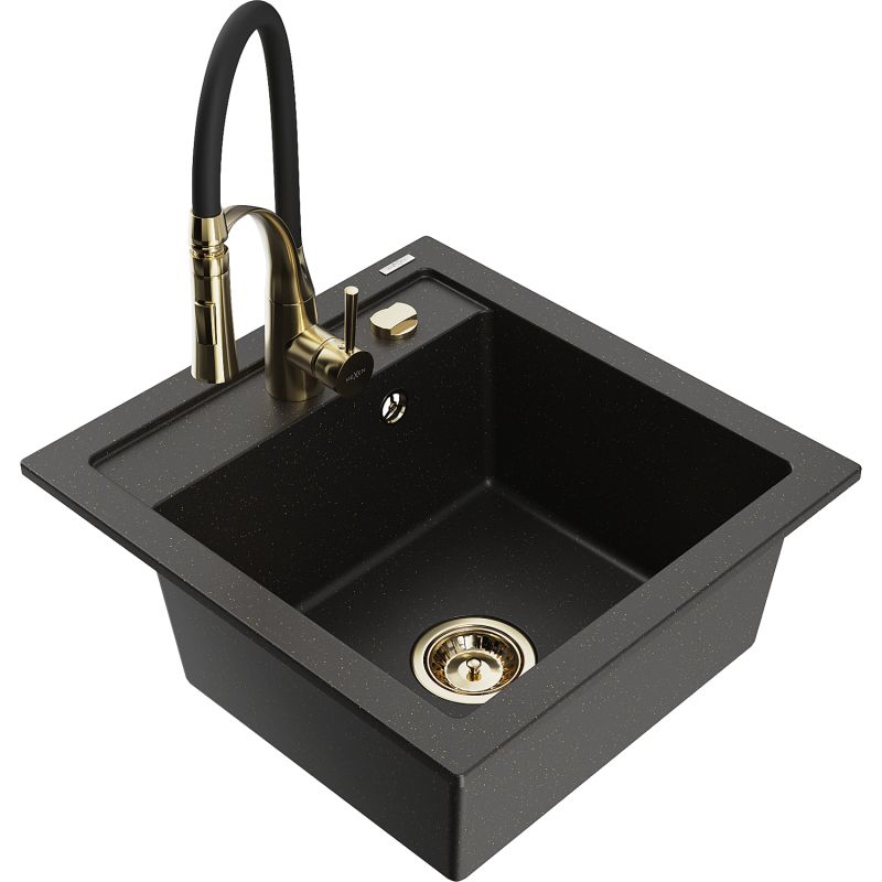 Zlewozmywak granitowy 1-komorowy Mexen Vito z baterią kuchenną Aster czarny/złoty metalik 6503-75-73450-57-G