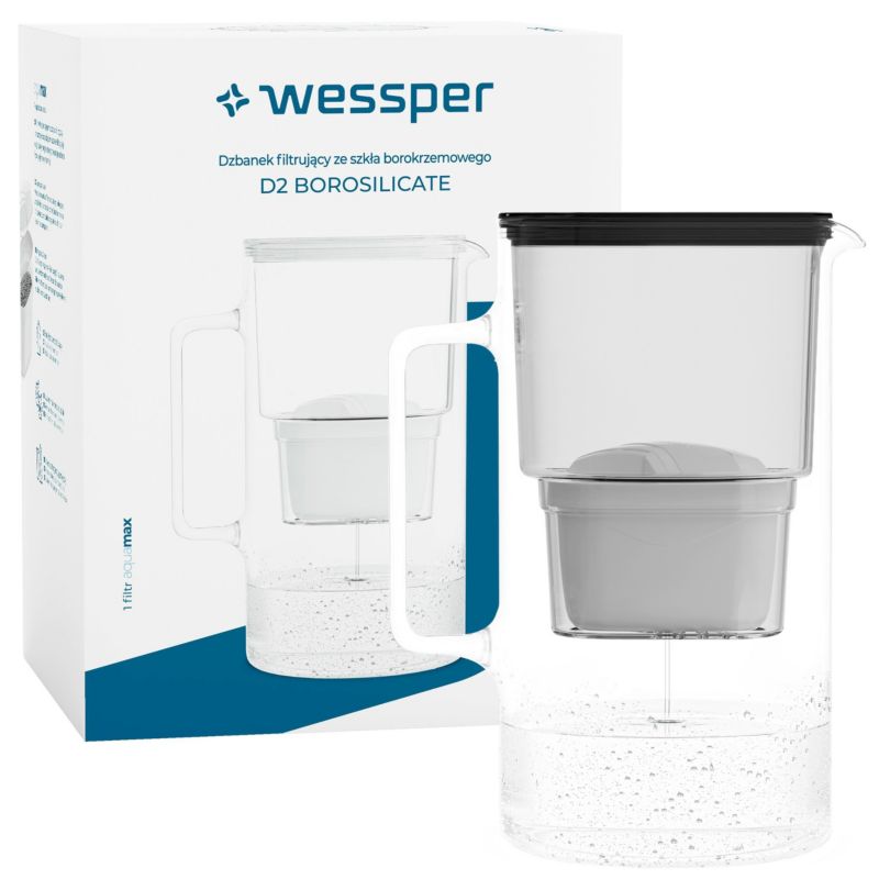 Dzbanek filtrujący wodę 3l, Wessper, szklany, czarny + 1 filtr do wody Wessper AquaMax, 2szt